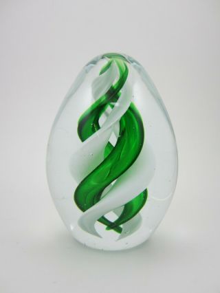 Vintage Large Green & White Peppermint Swirl Art Glass Egg Dome Paperweight