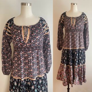Vintage 1970s Yound Edwardian Floral Midi Dress - Praire,  Gunne Sax Style,  Boho