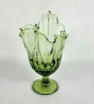 Vintage Fenton Art Glass Green Thumbprint Handkerchief Swung Vase 9 " Tall