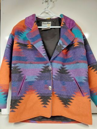 Pioneer Wear Blanket Jacket Sz 10 Aztec Style Poly Wool Blend Vtg Usa Leather