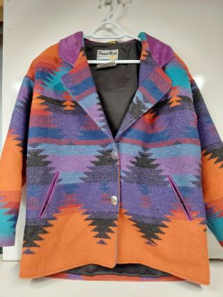 Pioneer wear blanket jacket SZ 10 aztec style poly wool blend vtg USA leather 2
