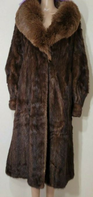 Vintage Full Length Brown Mink Fur Large Coat W/ Fox Collar Size L