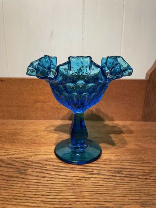 Vtg Fenton Colonial Blue Thumbprint Ruffled Pedestal Compote Candy Dish Vase