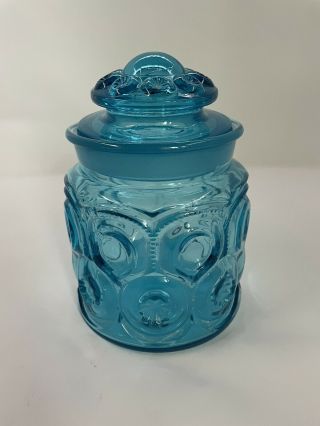 Le L.  E.  Smith Moon And Stars Blue Canister Apothecary Jar W/ Lid 6.  5 " Vintage