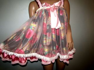Custom Sissy Adult Dress Floral Nylon Pink Chiffon Babydoll Negligee Nightie 40b