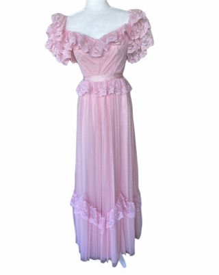 Vtg Pink Union Made Womens Party Dress Lace Long Small Xs Formal Wedding 60s 70s