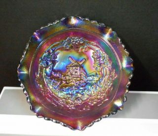 Vintage Le Smith Carnival Glass Ruffled 8 " Bowl,  Iridescent Red Windmill Pattern