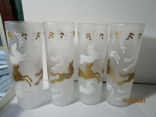 Vintage Libbey Gold Horses Cavalcade Frosted Tall Cocktail Glasses Set Of 4