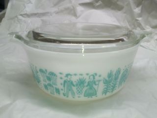 Vintage Pyrex Amish 472 Butterprint Lidded Bowl Turquoise & White 1 1/2 Pint