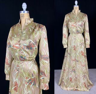 Vintage 60s Chinese Op Art Swan Goose Satin Cheongsam Dress Glamour Hostess 10