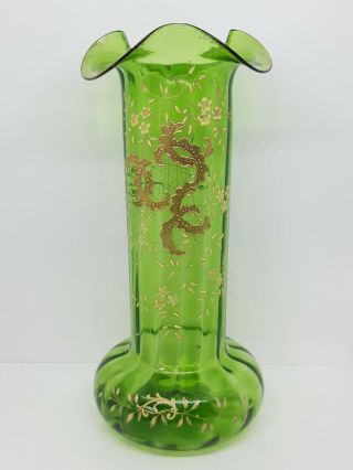 Moser Art Glass Vase Ribbed Panel Green Gold Gilt And Floral Decoration