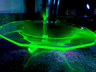 Vintage Green Vaseline Uranium Glass Very Large 12” Diameter 3 Footed Bowl