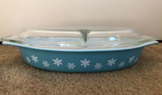 Vintage 1950s Pyrex Turquoise Snowflake Divided Casserole Dish 1 - 1/2 Qt Exc Cond