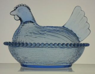 Pristine Vintage Indiana Glass Co Large Light Blue Chicken Hen On Nest Dish