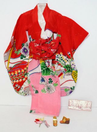 Vintage Japanese Barbie Fashion Kimono,  Red,  White,  Pink And Yellow,  Purse Shoes