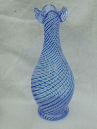 Vintage Murano Blue And White Filigree Strands Vase With Frilled Top