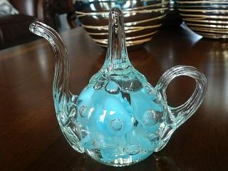 Joe St.  Clair Art Glass Trumpet Flower Ring Holder Tea Pot Paperweight Blue