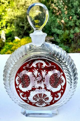 An Antique Egermann Czech / Bohemian Clear Etched On Ruby Red Crystal Decanter