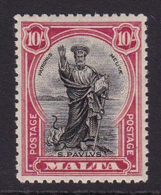 Malta.  1927.  Sg 172,  10/ - Black & Carmine.  Fine Unmounted.
