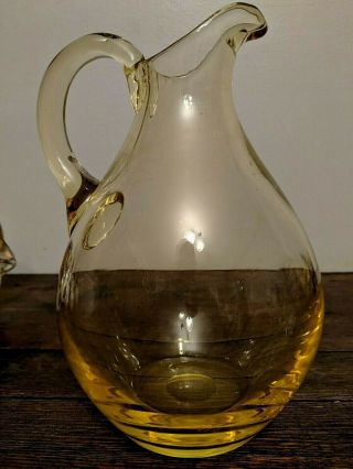 Vintage 8.  5 " Bright Yellow Hand Blown Glass Pitcher/vase Stunning Color