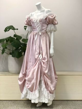 Vintage Loralie Pale Pink Satin & White Lace Off The Shoulder Maxi Dress Gown