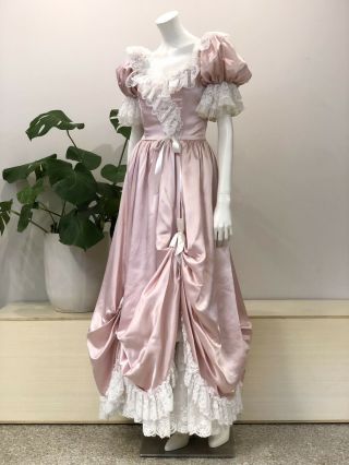 vintage Loralie Pale Pink Satin & White Lace Off The Shoulder Maxi Dress Gown 2