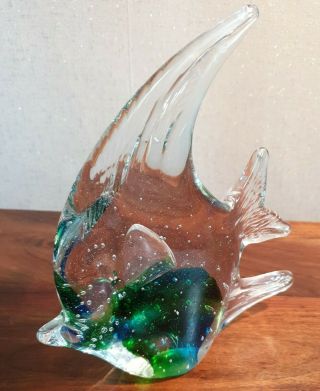 Vintage Murano Sommerso Angelfish Paperweight Ornament Art Glass Fish Green Blue