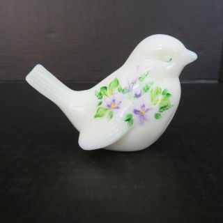 Fenton Glass White Handpainted Bird With Purple Flowers,  Signed M.  Kibbe