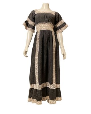 Vtg 70s Mexican Wedding Dress Crochet Lace Angel Bell Sleeve Cotton Maxi Dark