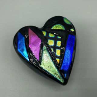 Dichroic Fused Glass Rainbow Colors Heart Sculpture Paperweight Signed