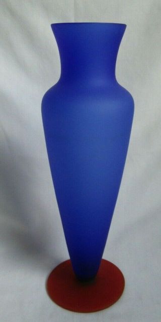 Hand Made Art Glass Cobalt Blue And Red Satin Base Vase