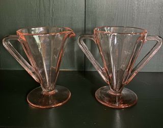Vintage Pink Elegant Depression Glass Sugar Bowl & Creamer Art Deco