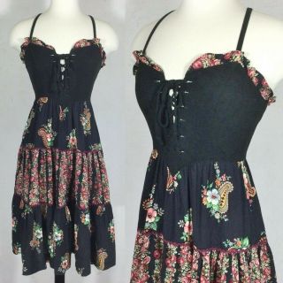 Vtg 70s Young Edwardian Arpeja Black Corset Floral Prairie Dress Xs Gunne Sax