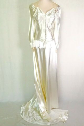 Vintage 1940s - 1950s Wedding Dress Ivory Satin W/train Lace Insert In Back & Trim