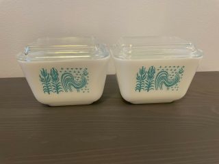 2 Vintage Pyrex 501 B 1.  5 Cup Blue Amish Butter Print Refrigerator Dish And Lid