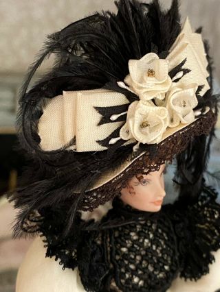 Vintage Artisan Miniature Dollhouse Doll Ooak Silk Victorian Dress Fabulous Hat