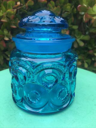 Vintage Le Smith Moon And Stars Blue Glass Canister Jar 5” Tall 4” Wide