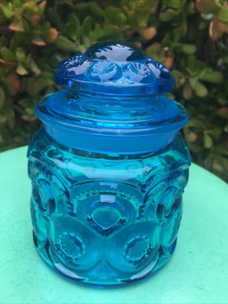 Vintage LE Smith MOON and STARS Blue Glass Canister Jar 5” Tall 4” Wide 2