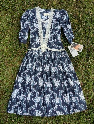 Vtg Gunne Sax Dress Prairie Deadstock Nwt 80s Floral Puff Sleeve Lace Sz 7/8