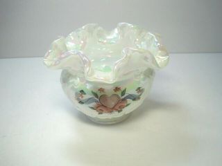 Fenton Hand Painted By D Barlow Pearl Iridescent Ruffled Vase Flower 3.  5 " Tall