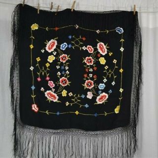Antique Silk Embroidered Shawl Black Flowers Fringe Vg