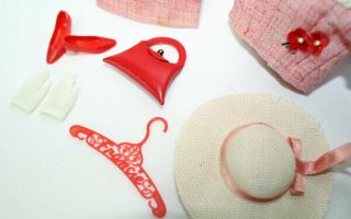 Vintage Japanese Francie Fashion light red summer suit,  hat heels,  gloves purse 3