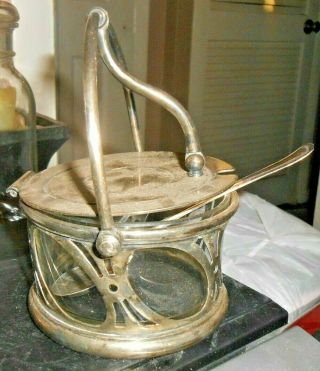 Vintage Heavy Metal Sugar Bowl With Glass Bowl & Spoon With Arm Metal Lid