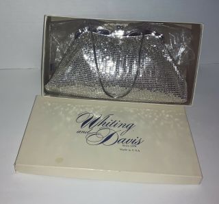 Vintage Whiting Davis Silver Mesh Purse Box Evening Bag Handbag