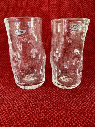 2 Blenko Crackle Glass Pinched Tumblers Clear With Sticker Hand Blown