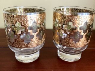 2 Vintage Mcm Culver Valencia Double Old Fashioned Cocktail Glasses 22k Gold