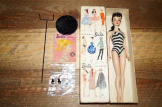 Vintage All 3 Ponytail Barbie 1959 Tm Brunette Box Stand Hoop Oss Shoe
