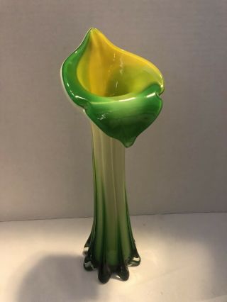 Vtg Murano Style Jack In The Pulpit/calla Lily Art Glass Vase 11.  5 " H - Green/yell