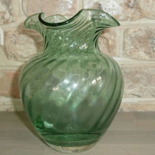 Vintage Heavy Green Twisted Glass Vase Ruffled Mid Century Modern Base Marks