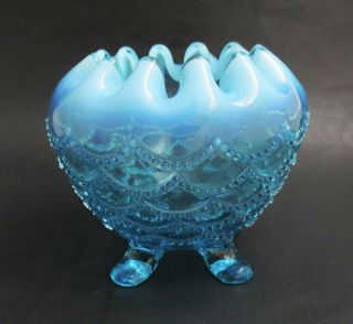 Antique Northwood Beaded Drapes Footed Blue Opalescent Glass Rose Bowl Vase
